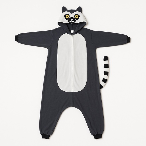 Adult Lemur Halloween Costume Gray & White Hooded Fleece Animal Suit M
